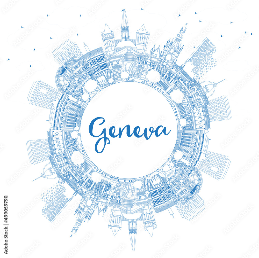 Outline Geneva Switzerland City Skyline with Blue Buildings and Copy Space.