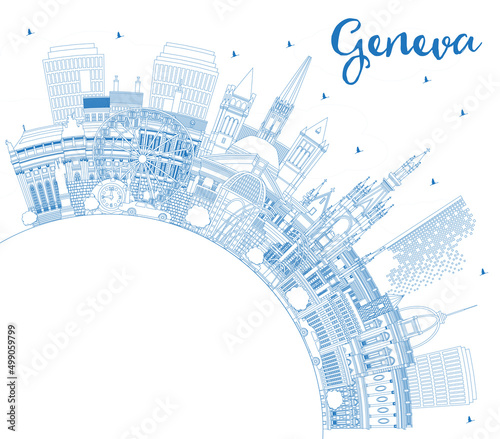 Outline Geneva Switzerland City Skyline with Blue Buildings and Copy Space.