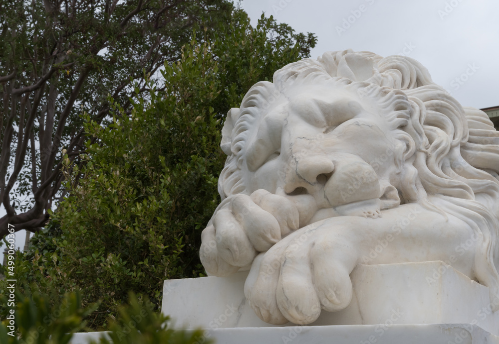 The famous sleeping marble lion near the Vorontsov Palace in Crimea in ...