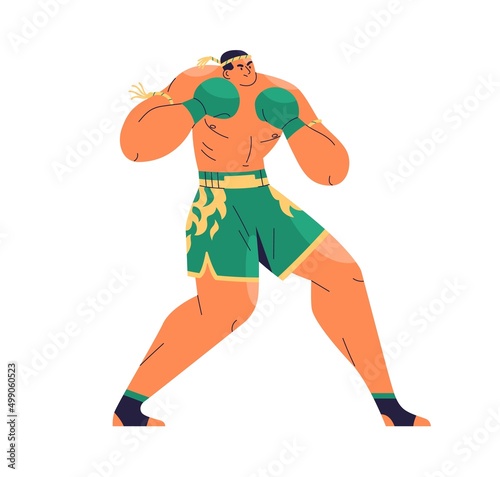 Thailand boxer ready for fight. Fighter of Muay Thai martial art, combat sport. Man athlete standing in pose, wearing shorts and gloves. Flat vector illustration isolated on white background