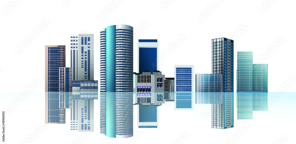 Modern town. City on white background and reflection