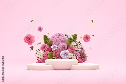 3D podium display, pastel pink background with hydrangeas flower and vintage frame. Peonies flower and nature leaf. Minimal pedestal for beauty, product. Feminine copy space template 3d render 