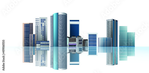 Modern town. City on white background and reflection