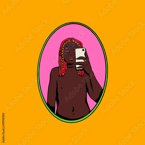 Person taking selfie in front of round mirror