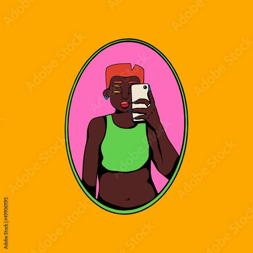 Person taking selfie in front of round mirror
