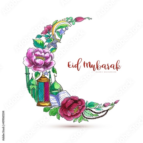 Eid mubarak with decorative  moon islamic card background