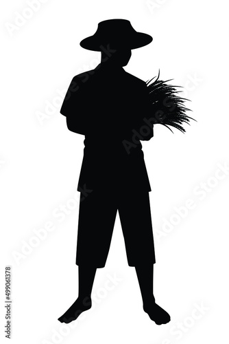 Asian farmer silhouette vector illustration, agricultural  harvesting concept isolated on white background.