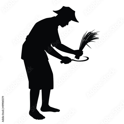 Asian farmer silhouette vector illustration, agricultural  harvesting concept isolated on white background.