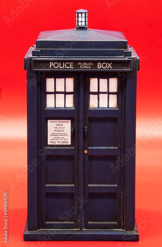 Fotografija Police call box isolated on red background