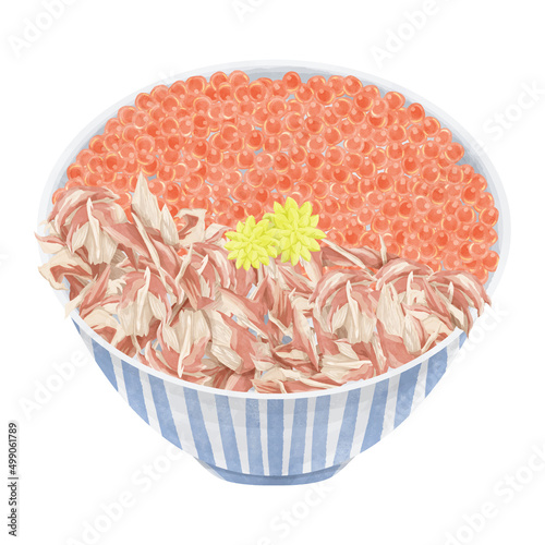 カニといくらの海鮮丼の手描き水彩風イラスト