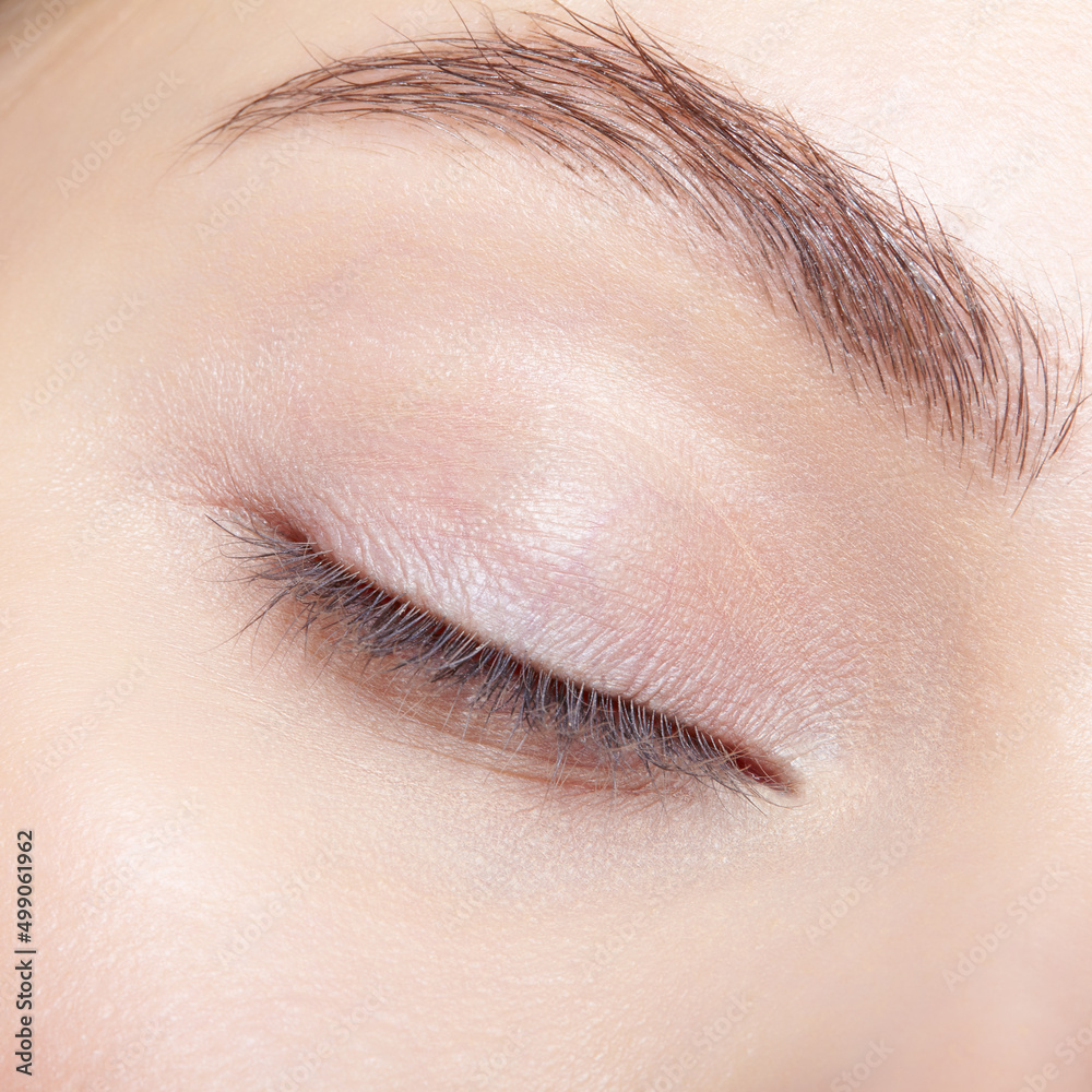 Obraz premium Closeup macro shot of human female closed eye with nude makeop.