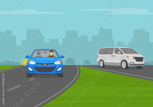 Off-ramp driving. Merging with traffic. Blue sedan car exiting a highway. Front view. Flat vector illustration template.