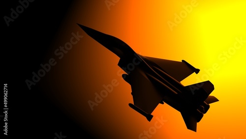 Canvas Print Silhouette illustration of a fighter plane against the background of the setting sun