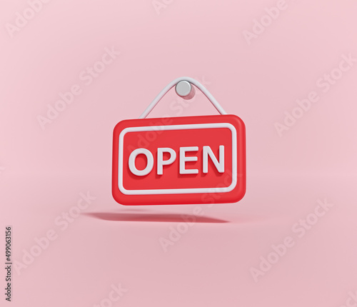 3d minimal open door sign isolated on pastel pink background. 3d rendering