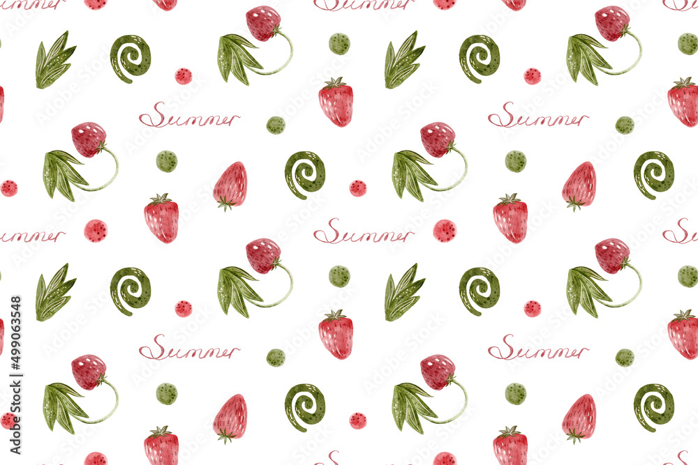 Seamless strawberry pattern. Watercolor illustration with berries and leaves Seamless strawberry pattern. Watercolor illustration with berries and leaves