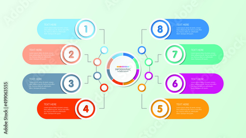 Basic circle infographic template with 8 steps, process or options, process chart, Used for process diagram, presentations, workflow layout, flow chart, infograph. Vector eps10 illustration.
