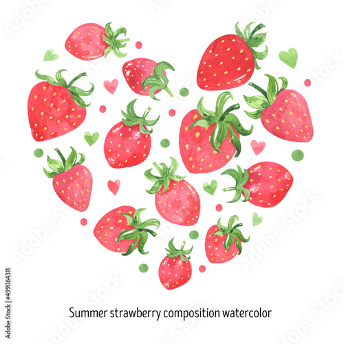 Juicy strawberry watercolor design comositions. Bright red berries cute strawberry. Summer botanical illustration. For packages, cards, logo. Summer sweet and bright fruits and berries