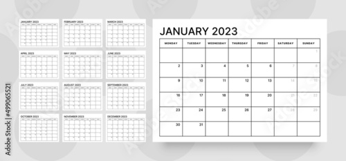 Monthly calendar template for 2023 year. Week Starts on Monday. Wall planner in a minimalist style. 
