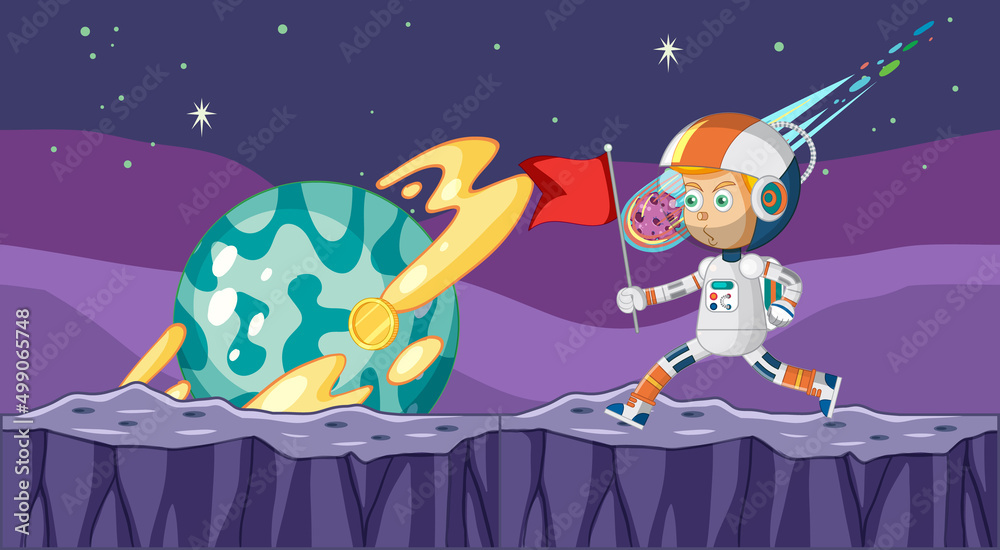 Fototapeta premium Scene with astronaut putting flag on planet