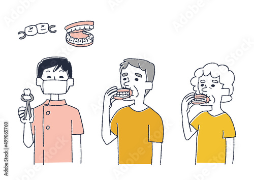 入れ歯に関するイラストセット　コミカルな手書きの人物　ベクター、線画にカラー