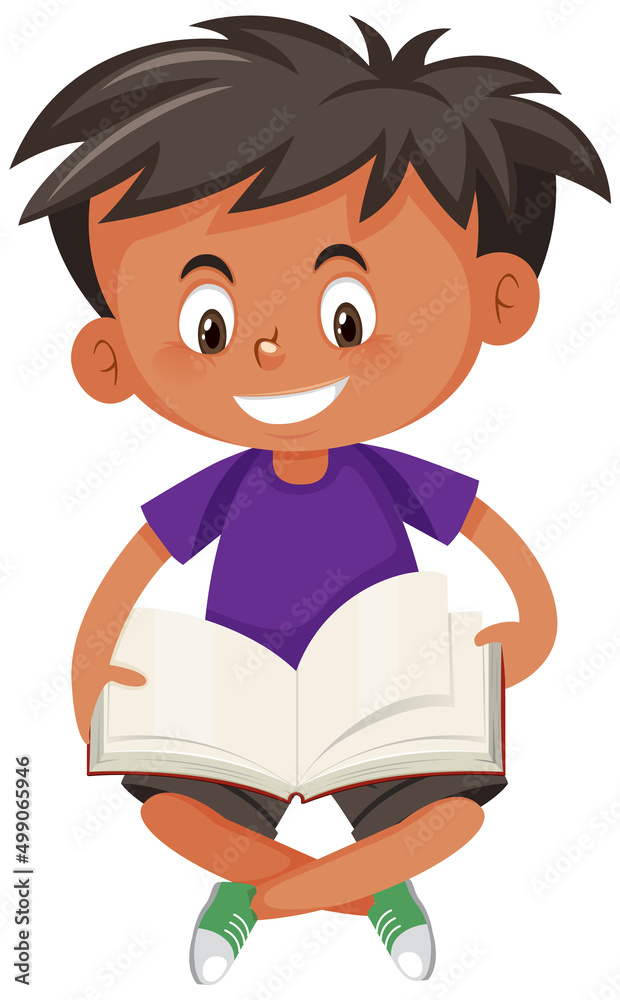 Boy reading a book on white background
