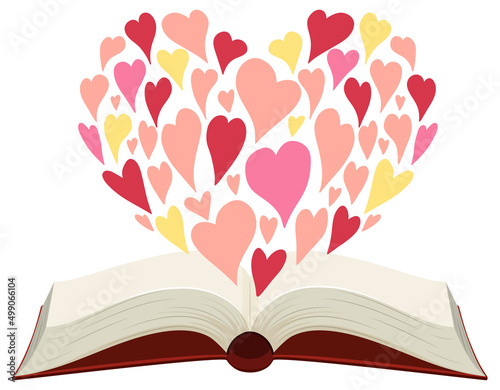 Opened book with many hearts forming a heart