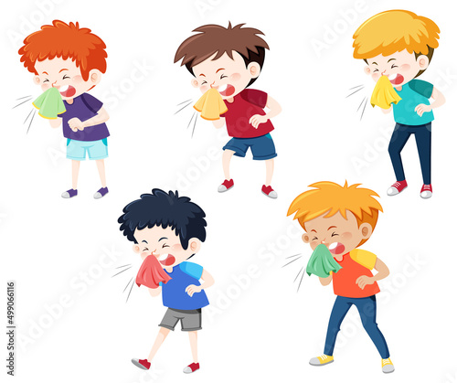 Set of boy cartoon character getting sick