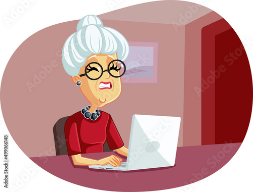 Stressed Senior Woman Using Laptop Vector Cartoon Illustration