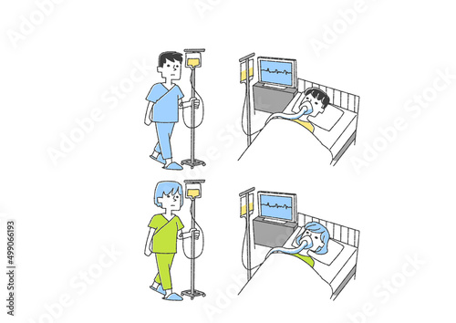 入院患者のイラストセット　コミカルな手書きの人物　ベクター、線画にカラー