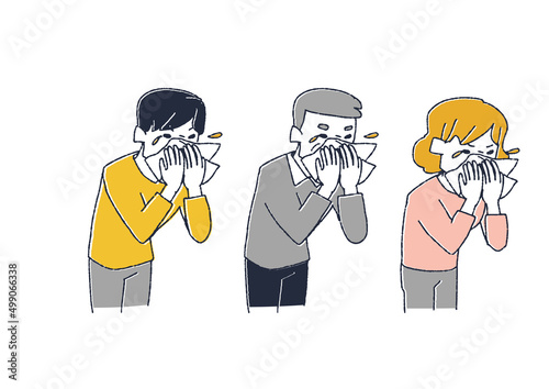 くしゃみをしている人物セット　コミカルな手書きの人物　ベクター、線画にカラー