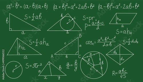 Chalkboard with math formula. Equations theory on board. Vector algebra and geometry theorem.