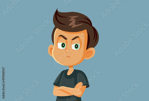 Upset Little Boy with Arms Crossed Vector Cartoon Illustration