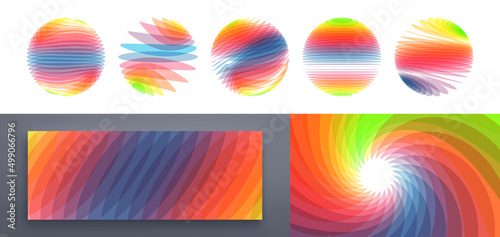 Set of spheres. Abstract wavy background with dynamic effect. .Rotation and swirling movement. Modern screen design for mobile app and web. Vector illustration made of various overlapping elements.