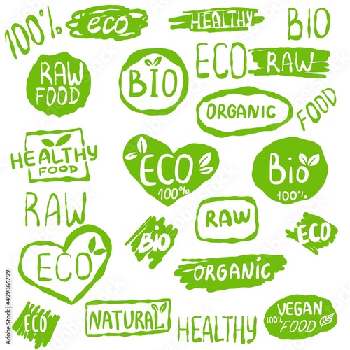 Eco organic labels. Bio ecology vegan badges hand drawn set. Vector healthy food icons set