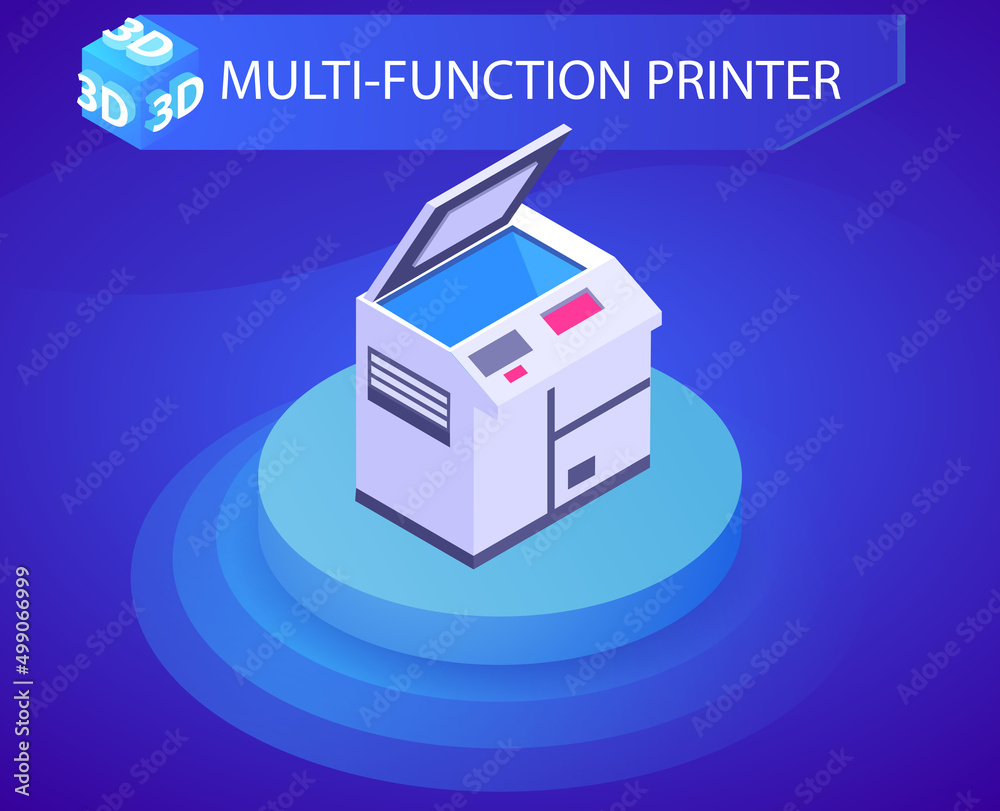 Multi-function printer isometric design icon. Vector web illustration. 3d colorful concept