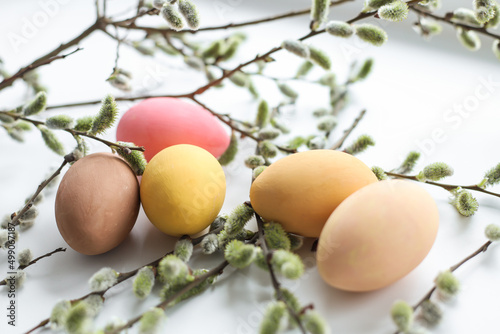 Colored Easter eggs with a close-up of willow, on a white background. Holiday concept