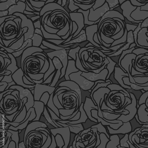 Vector seamless pattern. Black outline rose flowers on dark background