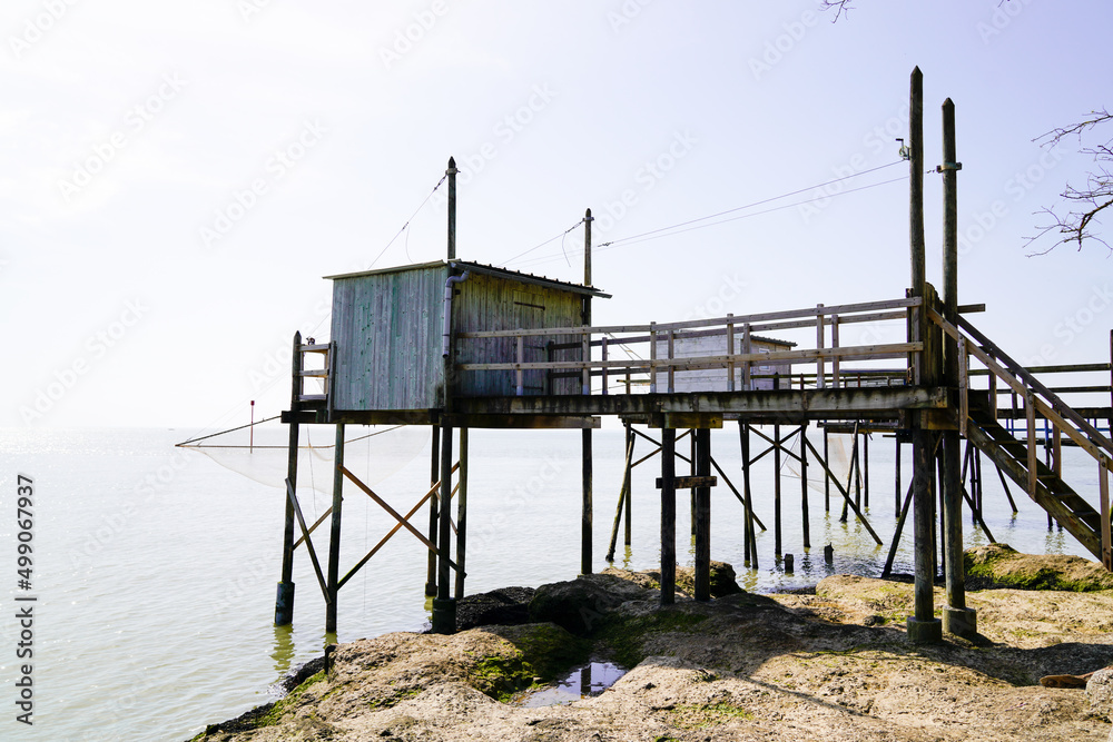 wooden hut cabin for fisherman in river garonne Saint-Meschers-sur-Gironde atlantic coast France wooden hut cabin for fisherman in river garonne Saint-Meschers-sur-Gironde atlantic coast France