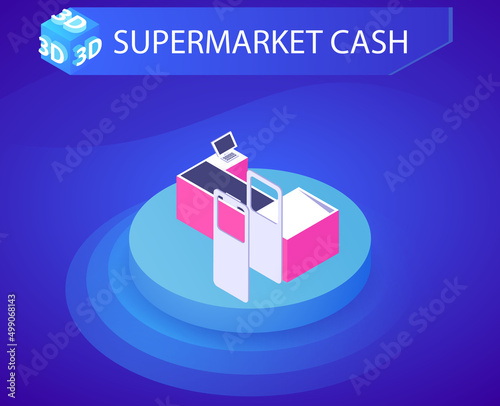 Supermarket cash isometric design icon. Vector web illustration. 3d colorful concept