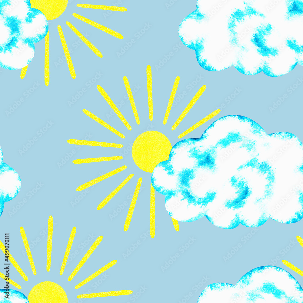 The sun and clouds. Seamless pattern. Watercolor illustration. Isolated on a blue background.