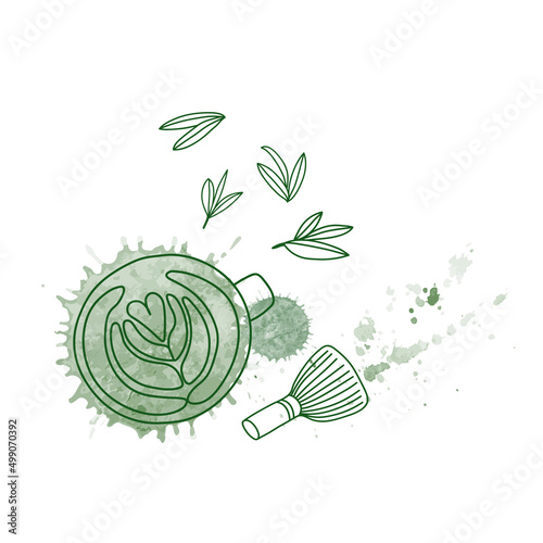 Hand drawn vector illustration of latte green tea with watercolor splash