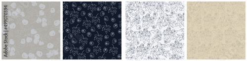 Seamless repeating patterns set. Fig tree branches with fruit. Outlined monochrome vector illustrations on light-colored background for surface design and other design projects