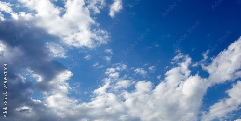 Panoramic photo of blurred sky. Blue sky background with cumulus clouds Panoramic photo of blurred sky. Blue sky background with cumulus clouds