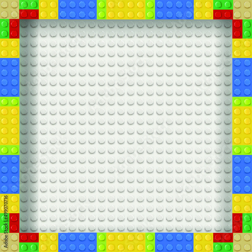 Vector illustration of colorful frame from plastic bricks with assembly knots of popular toy brand around of white baseplate.