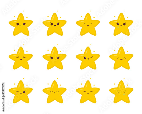 Set of kawaii twinkle stars. Collection of cute stars emoji with different face emotions. Vector illustration