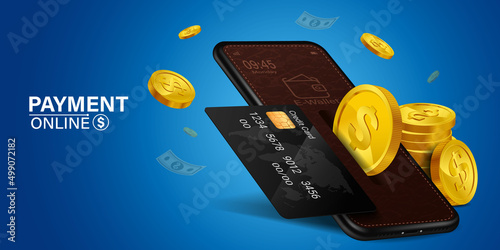 Mobile wallet online on blue background concept of spending money online through internet .Coin drop in smartphone.concept of designing an online wallet through smartphone.online payment on mobile.