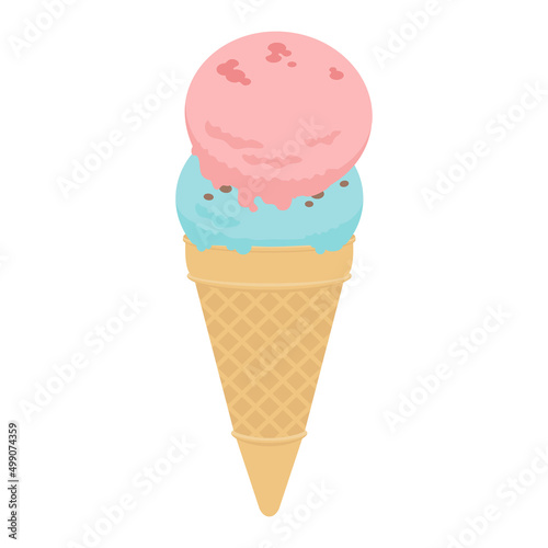Vector illustration of strawberry and mint chocolate chip ice cream isolated on background.