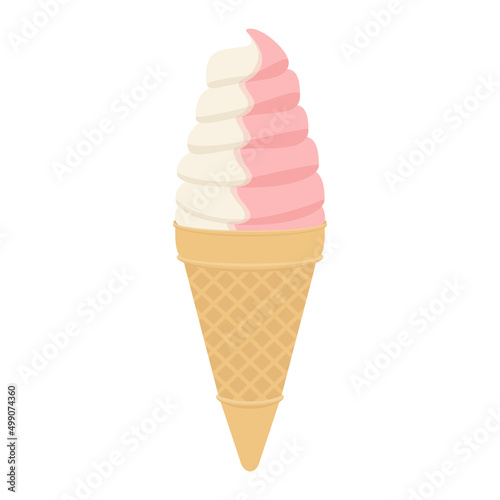 Vector illustration of strawberry vanilla swirl soft serve ice cream cone isolated on background.