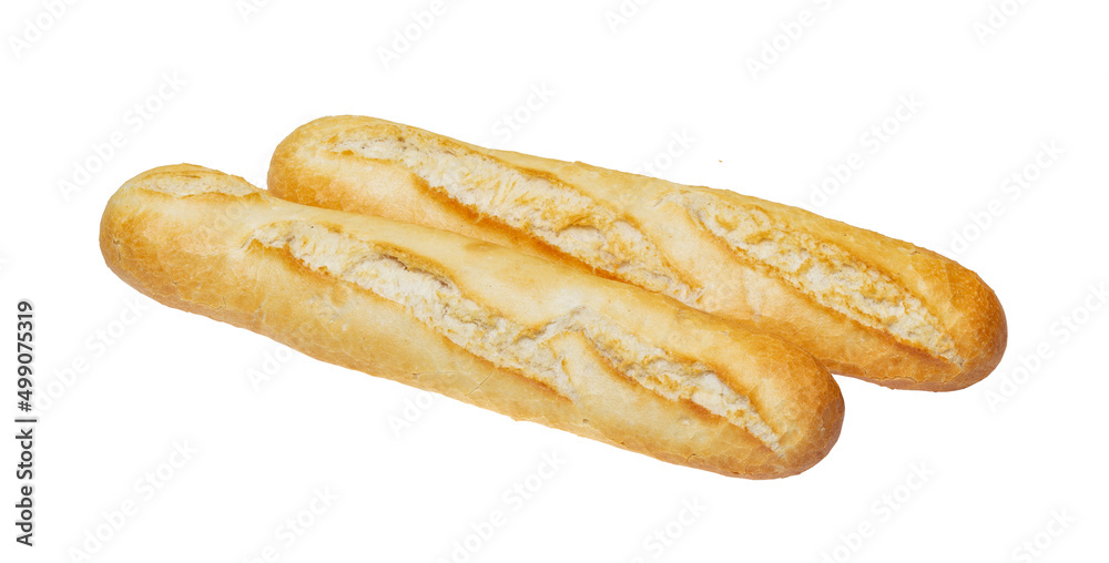 Two fresh baguettes isolated on a white background, full focus, clipping path, no shadows. Baquette on White Background. Two fresh baguettes isolated on a white background, full focus, clipping path, no shadows. Baquette on White Background.
