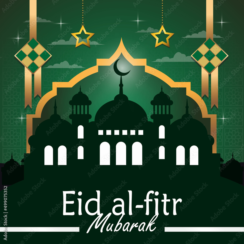 Happy Eid Al Fitr close up poster or banner with mosque illustration and ketupat on green background premium vector
